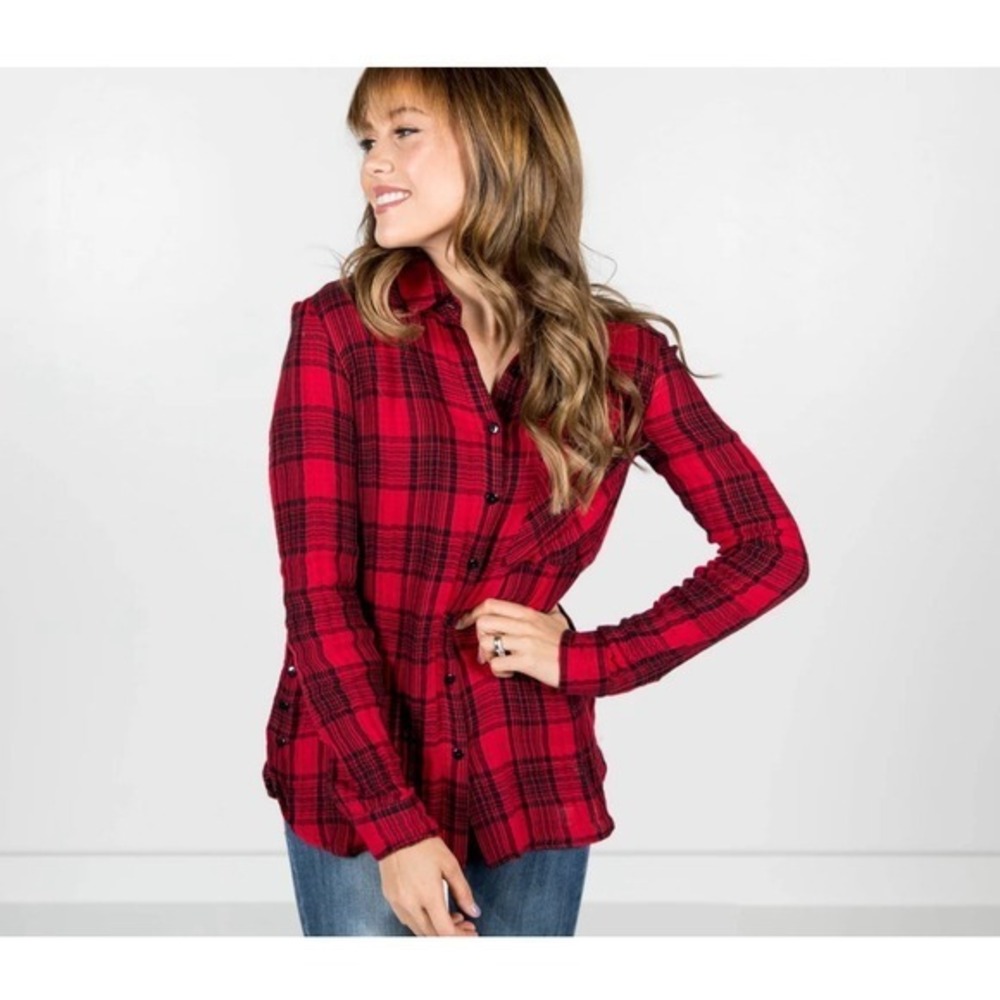 St Johns Bay Womens Red Black Plaid Flannel Shirt Super Soft Cotton Size Medium